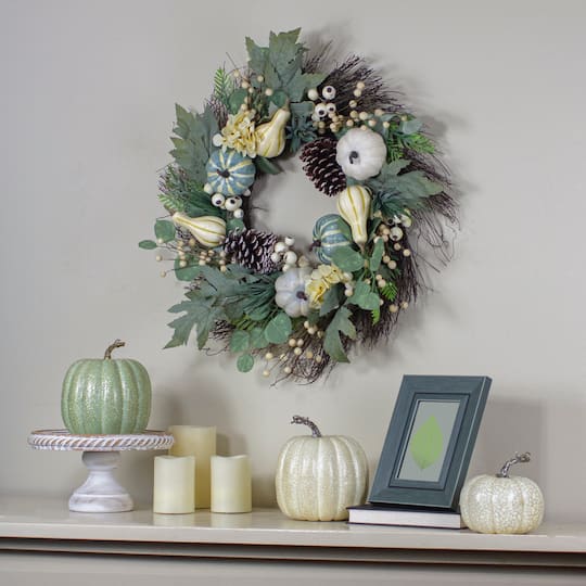 22" Green & White Pumpkins & Berries Fall Harvest Wreath